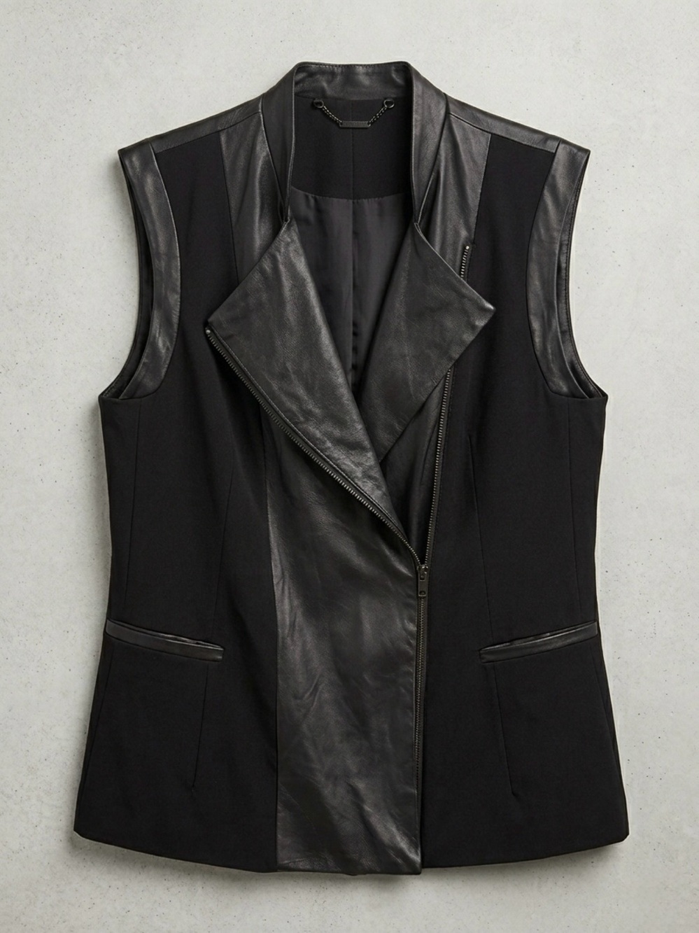 CAPULET Black Leather Mixed Media Moto Vest Jacket Women’s XS Biker Asymmetric - Picture 2 of 15